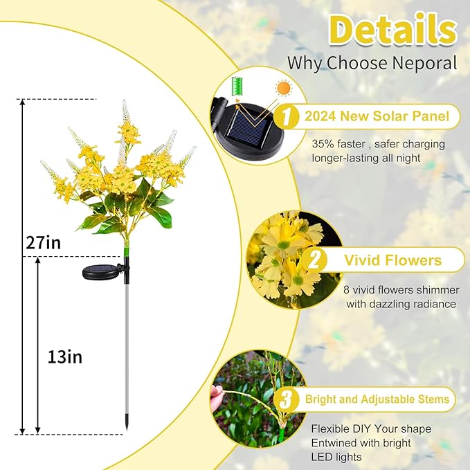 Neporal Solar Flowers Outdoor Waterproof Yellow, Decorative Garden Lights Solar Powered Dusk to Dawn, 8-Stem, 2 Lighting Modes Plants Lights for Yard, Backyard, Porch (Yellow)