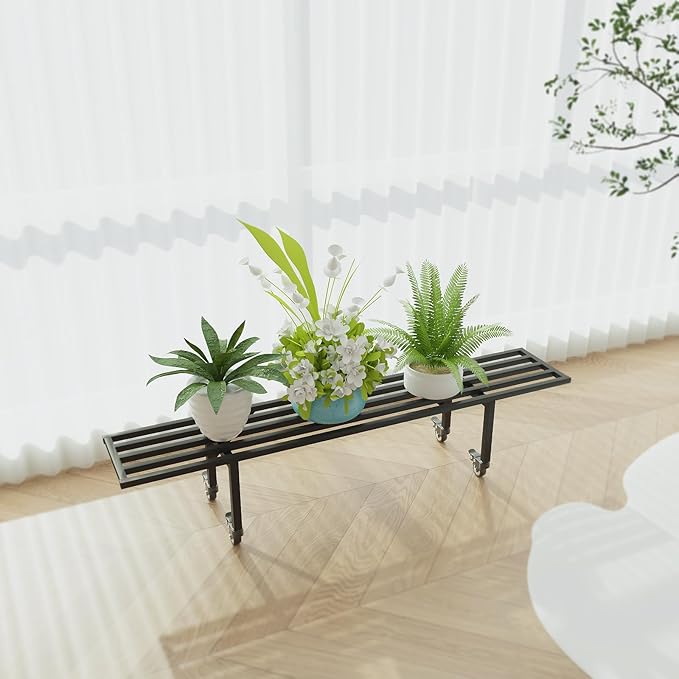 Zhongma One Tier Metal Plant Stand with Wheels,(45.67 L x 8.66 W x 10.3 H) Heavy Duty Plant Holder for Home, Window,Garden, Plant Lovers, Display Stand