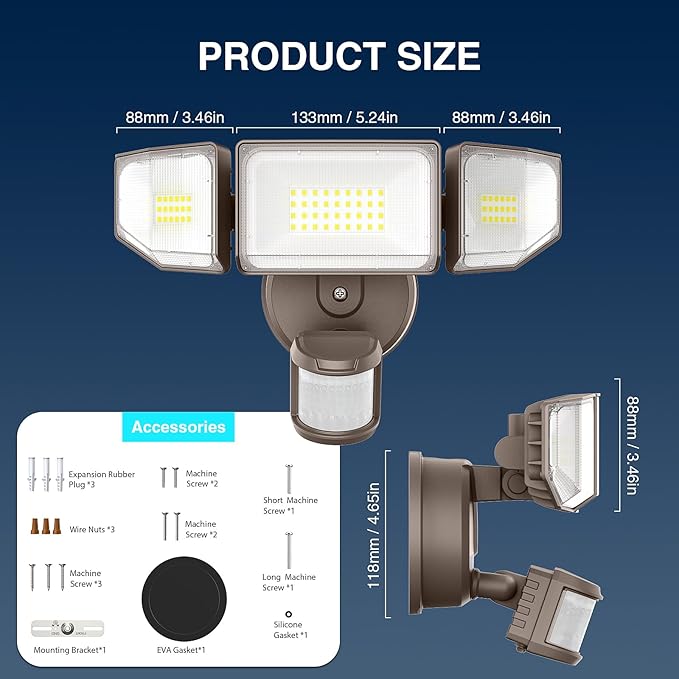 85W LED Security Lights Motion Sensor Light Outdoor, 8500LM Dusk to Dawn, IP65 Waterproof, 6500K, 3 Head Motion Detected Flood Light, Floodlight for Outside, Garage, Yard, Porch (Brown)