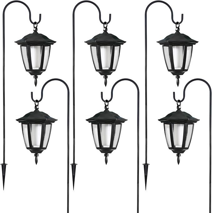 Dynaming 6 Pack Solar Flame Hanging Lights Outdoor, Solar Flickering Flame LED Garden Lanterns with 6 x 38 Inch Shepherd Hooks, Landscape Lighting Waterproof for Lawn Patio Yard Pathway Driveway