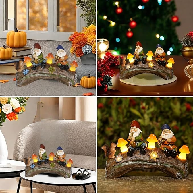 Funny Garden Gnome Statue Solar Powered Mushroom Figurine with Squirrel Gnome Durable Resin Outdoor Decoration for Patio Yard Lawn Ornament Housewarming Gift