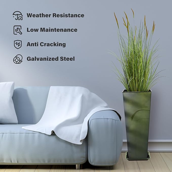 KOL 28''H. Tall Metal Planter with Saucer, Galvanized Steel Glazed Planter Pots with Drainage Hole for Indoor & Outdoor Use, Set of 2, Decorative Flower Plant Pots for Front Porch, Patio, Deck - Green