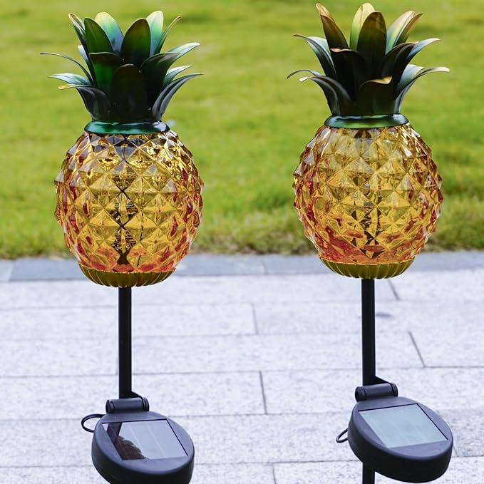 Solar Lanterns Outdoor Waterproof Glass Pineapple Garden Decor, Hanging Solar Stake Lights Yard Art, Outside Patio Decorations Gardening Birthday Gifts for Mom Grandma Women, 2 Pack