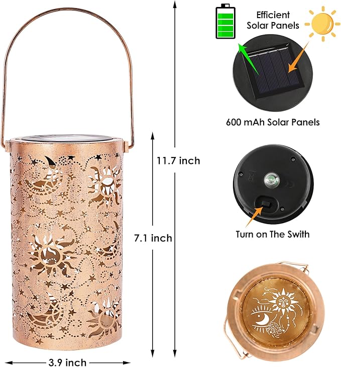 Fabuday Sun Moon Outdoor Solar Lantern Waterproof - Hanging Solar Power Lights Led for Outside, Garden Decor for Patio, Porch, Balcony, Yard and Deck, Stars Decorations Gifts for Women Mom