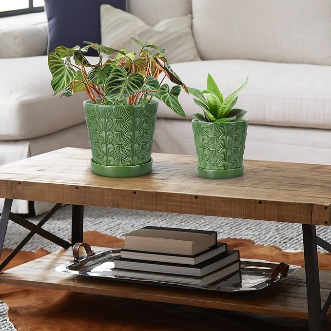 EFISPSS 5+6 Inch Plant Pot, Ceramic Pots for Plants with Drainage, Flower Pots Indoor Pots for Plants, Modern Flower Pots for Home and Office Windowsill Decoration Gift Set of 2 - Patina