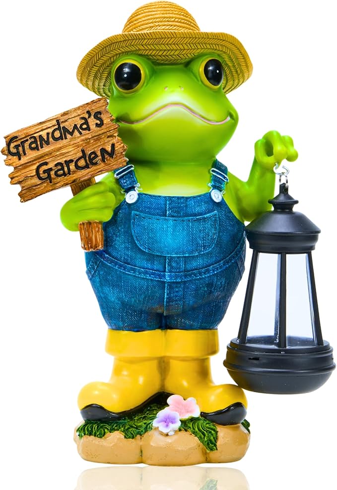 Frog Garden Statue with Solar Light, Gardener Frog Decoration with Solar Lantern Light for Home, Outdoor, Garden, Patio and Yard Decor, Best Gifts for Mom/Grandma, Grandma's Garden