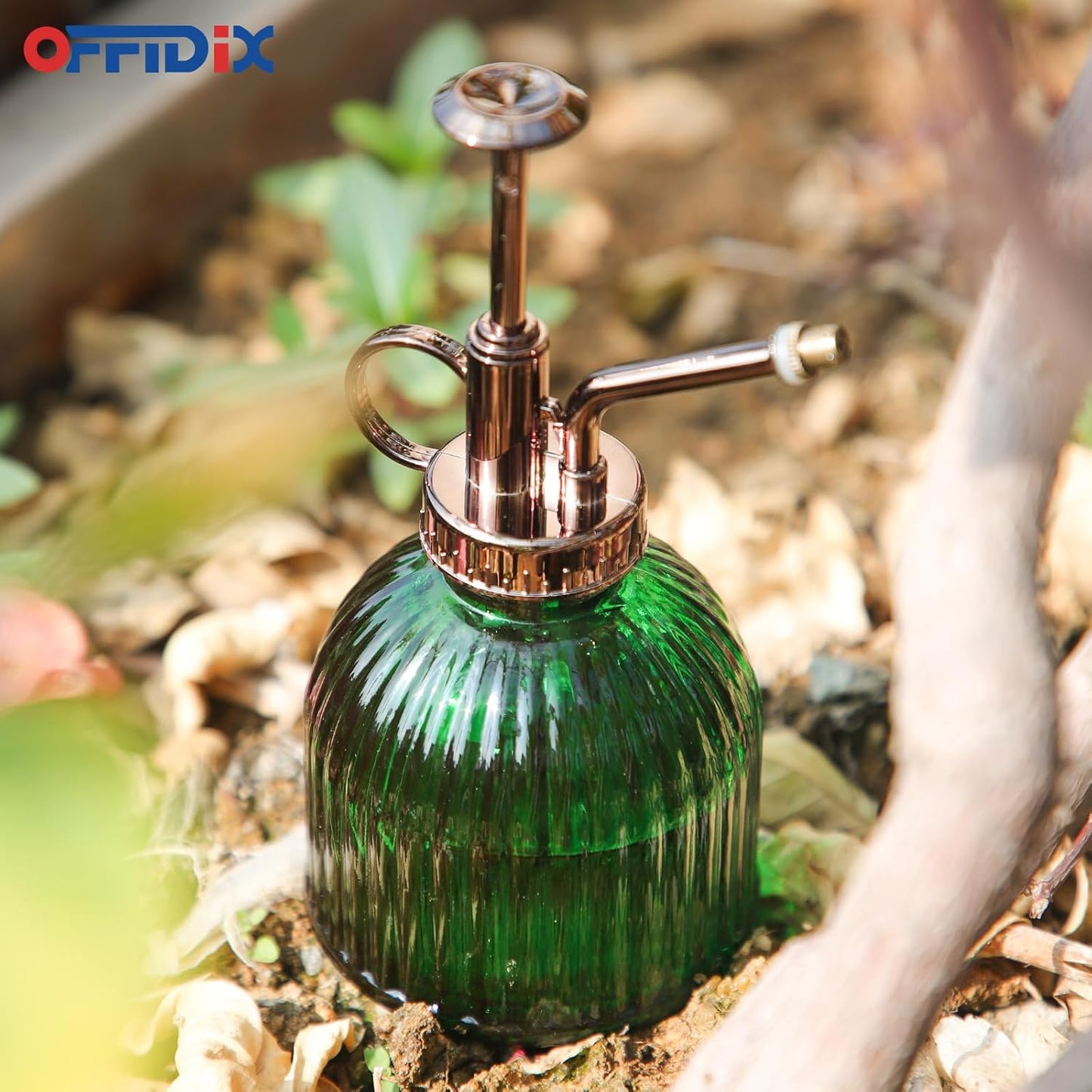 OFFIDIX Plant Mister Spray Bottle Glass Mister for Inside 6.3" Tall Vintage Style with Bronze Plastic Top Pump One Hand Watering Can for Indoor Potted Plants Terrariums Green