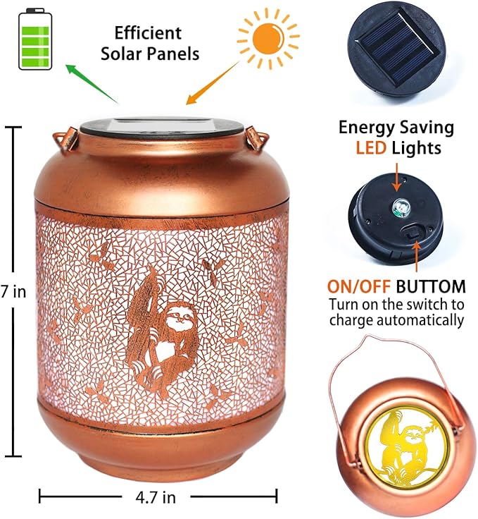 2 Pack Sloth Solar Lanterns Outdoor Waterproof Hanging Solar Lights Sloth Gifts for Women Men Mom Metal Decorative LED Outdoor Lanterns for Patio, Lawn, Landscape, Garden Decor, Yard Decorations