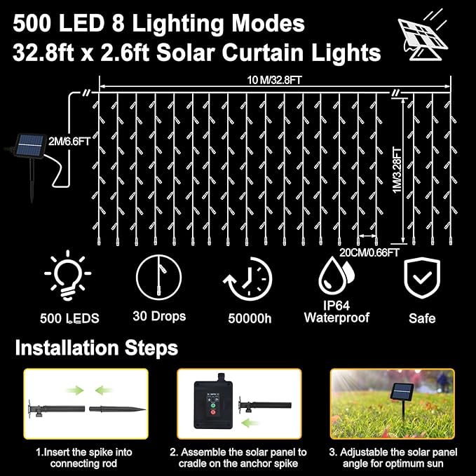 Solar Powered Curtain Lights 33ftx 3ft 500 LED Outdoor Curtain Lights Waterproof with Remote Timer for Garden Patio Fence Wedding Wall Gazebo Decor - Warm White