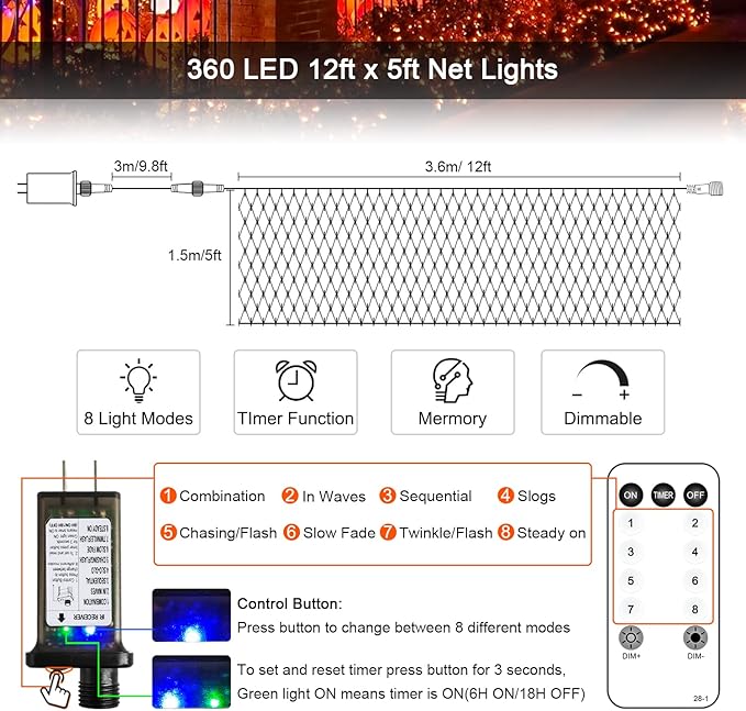 JMEXSUSS 360 LED 12ft x 5ft Halloween Net Lights - Connectable Orange Outdoor Mesh Lights With Remote, 8 Modes Plug-in for Bushes Shrubs Decorations