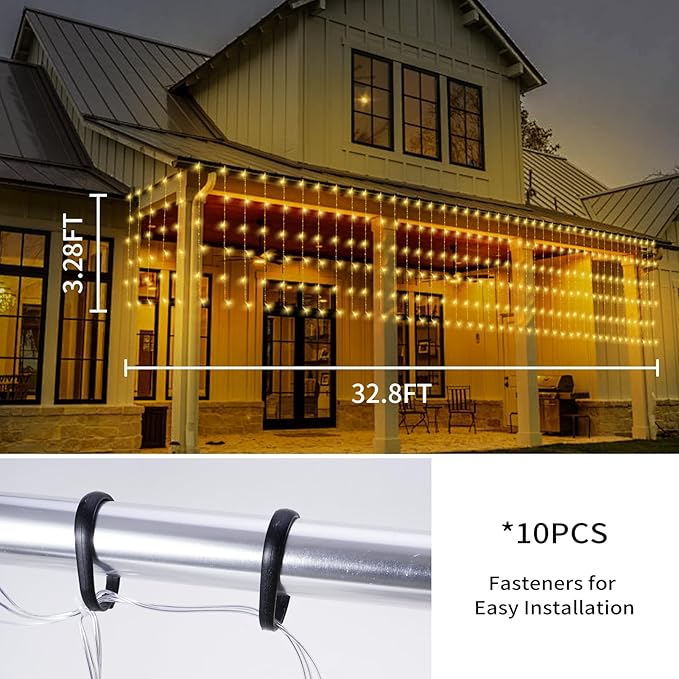 32.8 * 3.28FT Large Size Solar Curtain Lights Outdoor, 8 Modes Icicle Lights, Garden Christmas Decortions for Patio, Gazebo, Eaves, Fence, Tree, Porch (Warm White)