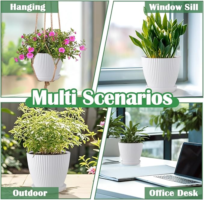 7.5/6.5/5.5/4.9/4.2/3.5 Inch Plant Pots, Plastic Flower Pots with Drainage Holes and Plate, Indoor/Outdoor Plant Planters with Different Size, 6 Pack Durable Pots for Plants, White