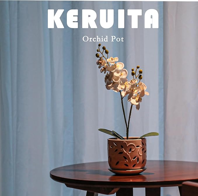KERUITA Orchid Pots with Holes,6 inch + 5 inch Ceramic Planters Set of 2 with 2 Bottom Tray, Enhanced Drainage and Ventilation,White Flower Pots for Indoor/Outdoor Plants for Repotting