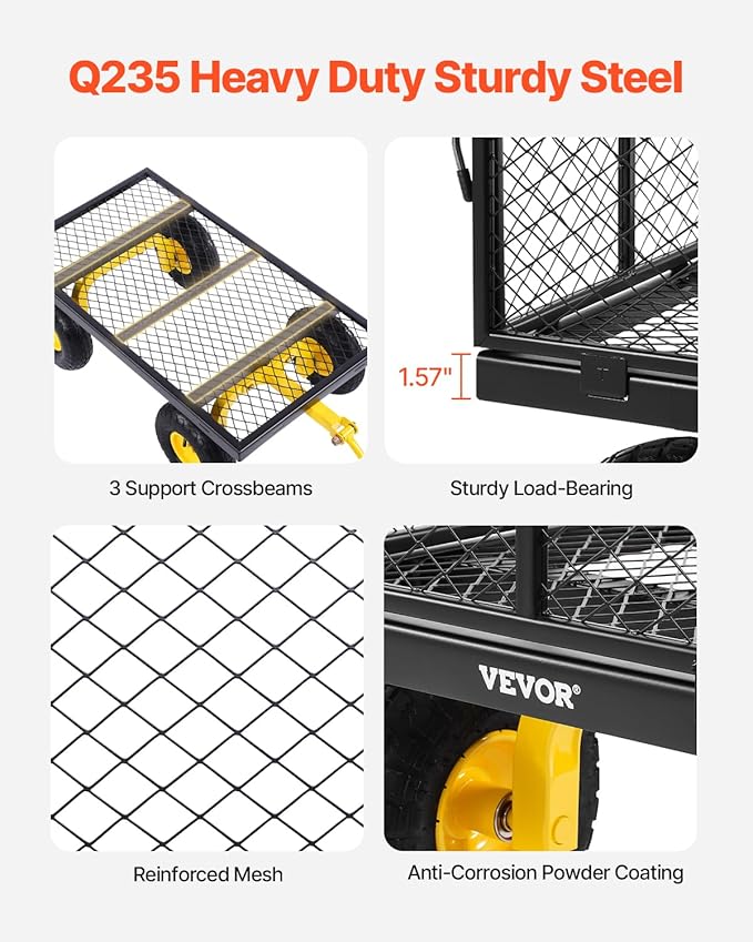 VEVOR 900 Lbs Heavy Duty Steel Garden Cart, Garden Wagon Cart on Wheels, Outdoor Metal Yard Utility Wagon Carts with 10" Tires and Mesh Removable Sides(Convert to Flatbed) and 180°Rotating Handle