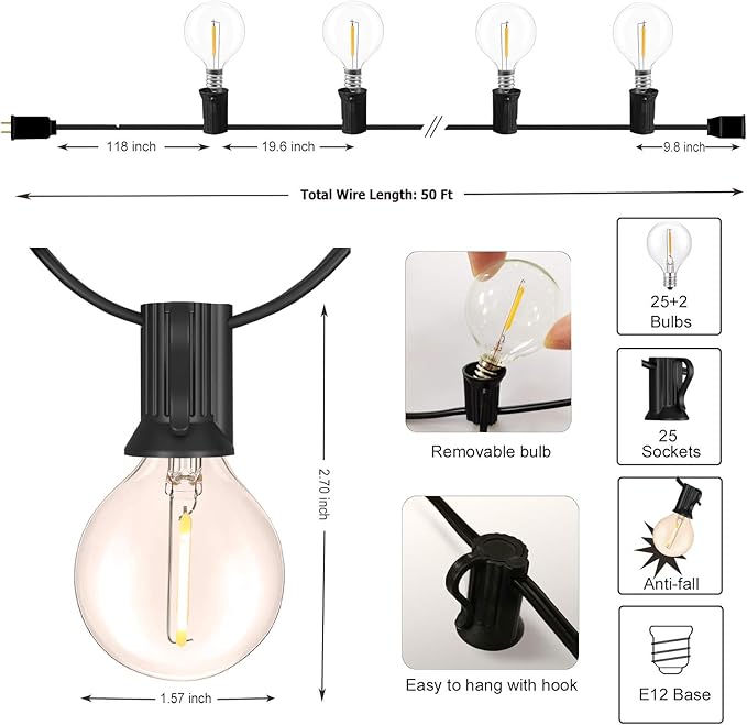 DAMAING Outdoor String Lights LED 50Feet G40 Globe String Lights with 27 Edison Plastic LED Bulbs,2700K Warm Glow Weatherproof for Indoor Outdoor Backyard Bistro Lights