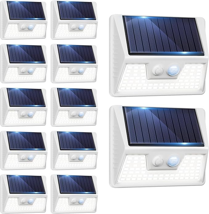 12 Pack Solar Lights Outdoor Motion Sensor, Waterproof Fence Lights with 3 Lighting Mode, Cool White LED Security Deck Lights for Outside Wall Yard Steps Stairs Garden - White