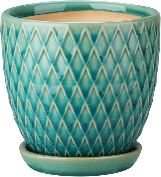 Oairse 4 inches Ceramic Planters Pots for Indoor Plants 3 Set of Small Round Flower Pots with Drainage Hole and Ceramic Tray Modern Planters Set for Succulents Cactus Garden Home Windowsill Table