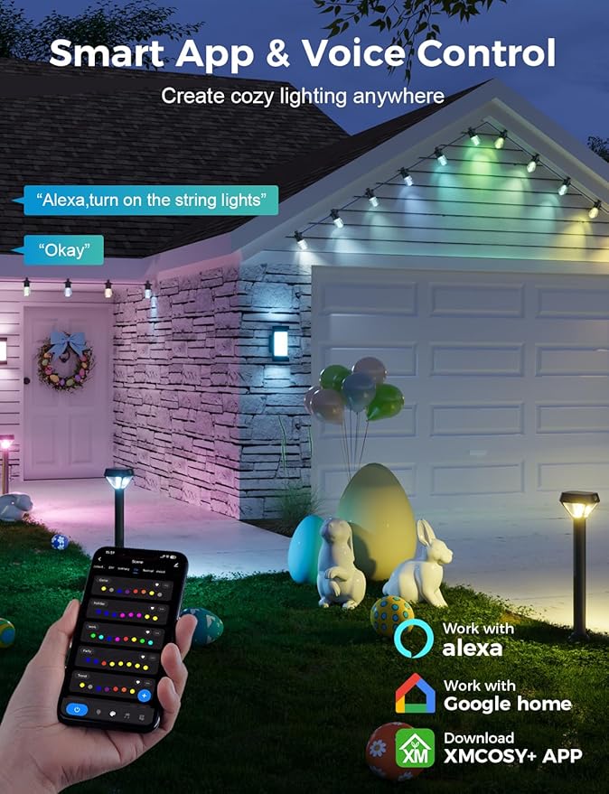 XMCOSY+ 96FT Smart Outdoor String Lights - RGBCWIC Dimmable Acrylic Bulbs, Color Changing LED Patio Lights APP WiFi Control, Compatible with Alexa, IP65 Waterproof Outdoor Lights for Backyard Porch