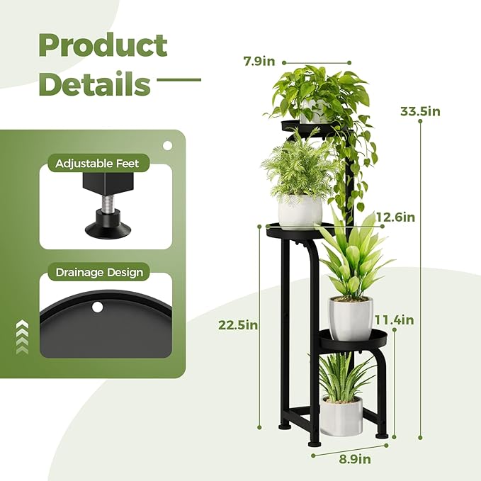 Bamworld Tall Plant Stand Indoor Outdoor, Corner Metal Flower Pot Stands for Multiple Plants, 3 Tier Heavy Duty Plant Shelf for Patio Garden Balcony Living Room Bedroom