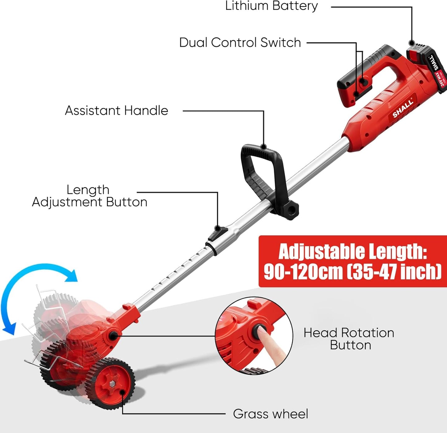 SHALL 24V Cordless Weed Wacker, 3-in-1 Electric Weed Eater Grass String Trimmer Edger, Telescopic Brush Cutter, 2 x 1.5Ah Battery Powered Lawn Mower with 3 Types Blades & Wheels for Yard Garden