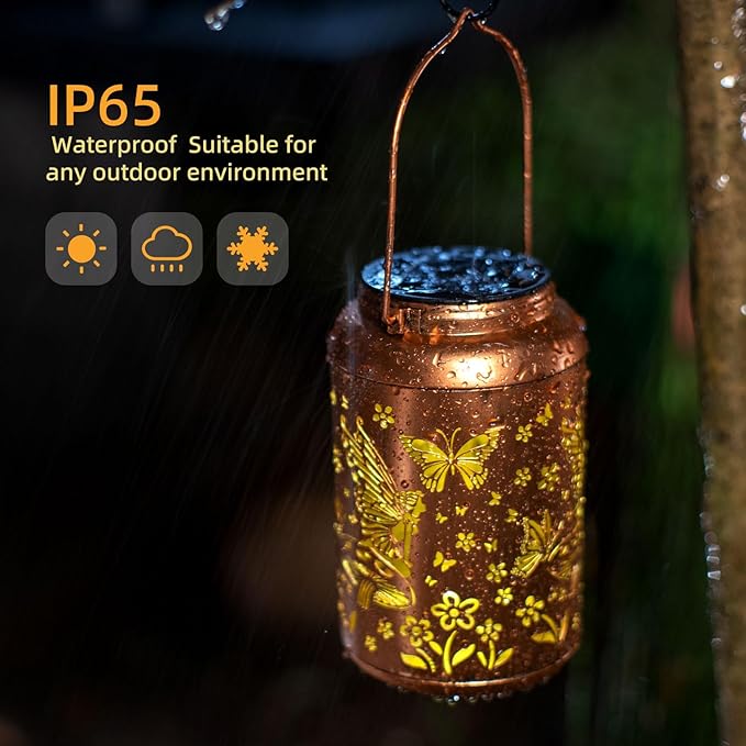 Fairy Solar Lanterns Outdoor Waterproof Hanging Butterfly Lights Hollow Out Metal Lantern Decorative Garden Graceful Light Christmas Decor for Patio,Landscape,Festival Gifts for Women Mom Grandma