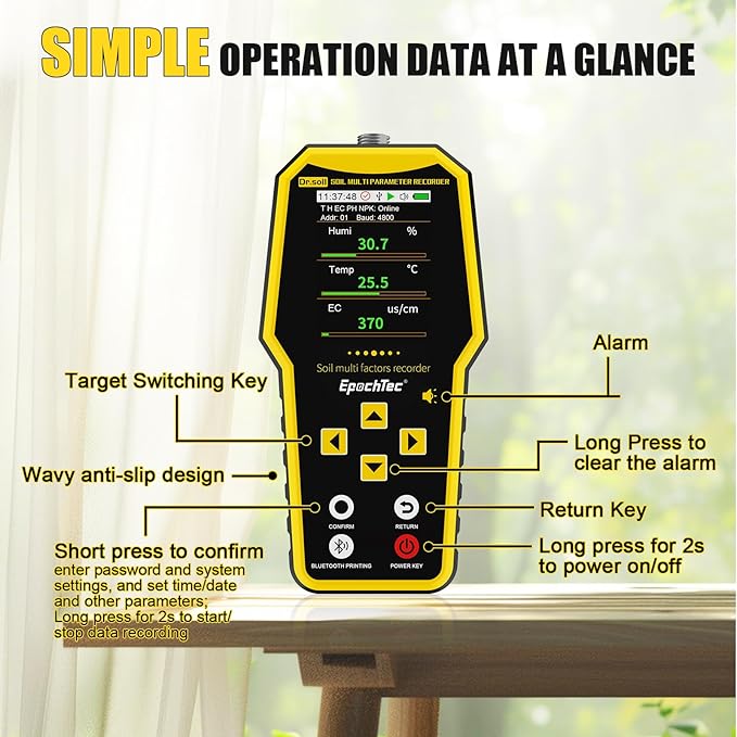 7 in 1 Soil Tester, ±1% High Precision Digital NPK Tester/Soil Moisture Meter/PH Tester/Temperature/EC Monitor for Agriculture, Plant Cultivation, Geological Survey with Data Storage & Export