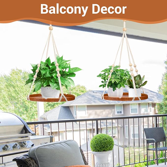 SUREAM Macrame Plant Shelf Hangers, Large Hanging Baskets for Plants with Flower CutOuts and Handmade Cotton, Indoor Outdoor Plant Hangers with Wood Tray for Garden Home Decor - No Plant/Pot Included