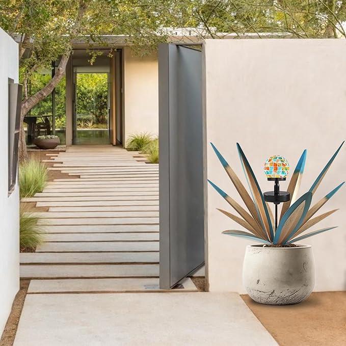 Enlarge Metal Plants Tequila Rustic Sculpture, Outdoor Patio Yard, Home Decor Hand Painted Agave Garden Statue, Outdoor Lawn Ornaments Yard Stakes for Mom Gift (2 Solar Blue)