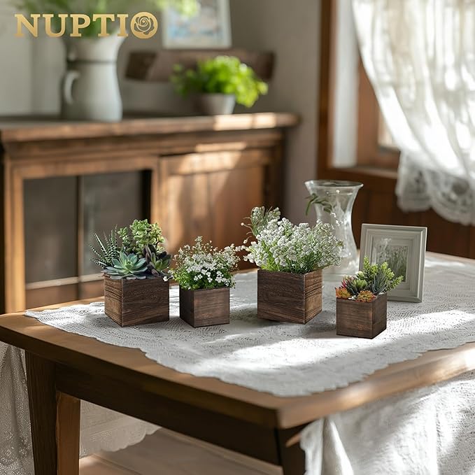 NUPTIO Wooden Box for Centerpiece Wedding: 12 Pcs Rustic Square Planter Box for Christmas Centerpiece Table Fall Decorations - 4×4" & 5×5" Small Wood Vases Flower Pots for Windowsill Home Garden Decor