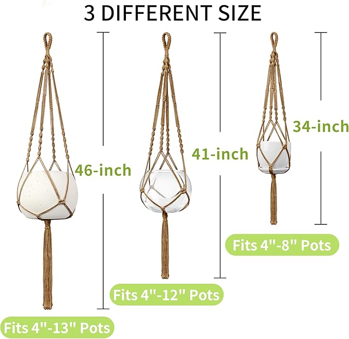 Macrame Plant Hanger, 34"/41"/46" 3 Sizes, Hanging Planters for Indoor Outdoor Plants, Flower Pot Holder with Wood Beads & Tassels for Boho Home Decor, 3 Pack, Brown