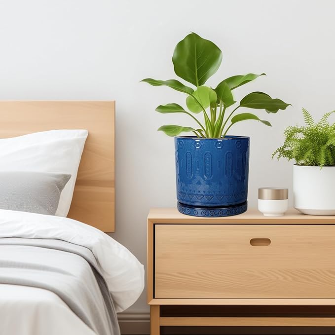 Ceramic Planter - 8 Inch Plant Pot Indoor with Drainage Holes and Saucer Round Planter Outdoor Mid-Century Modern Flower Pot Succulent Pot for Home Decor Blue