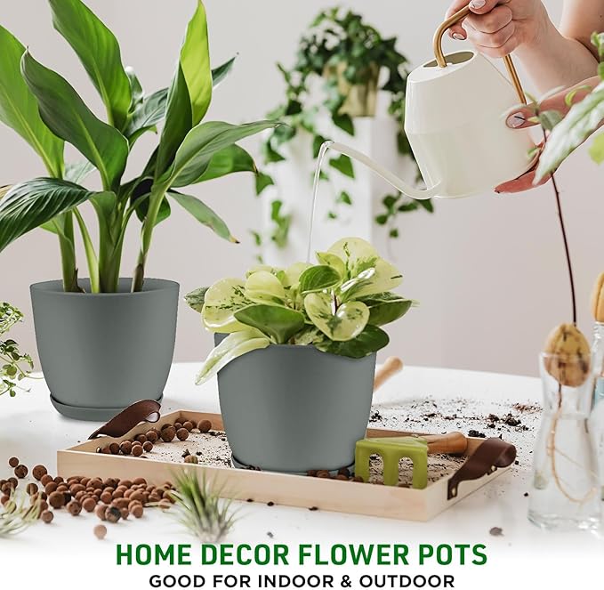 Planter Pots with Drainage Holes - Lightweight, Durable & Space-Saving Pots for Indoor and Outdoor - Versatile Functionality, Simple Modern Design, Set of 10 Plastic Planter Pots - Gray