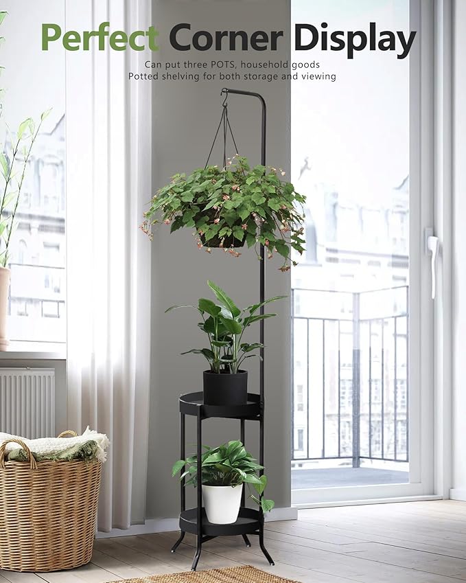 Hanging Plant Stand Indoor Outdoor, Space-Saving Corner Metal Plant Shelf 3 Potted Flower Pot Stand, 2 Tier 61" Tall Modern Planter Holder for Patio Garden Balcony Living Room Bedroom, Black