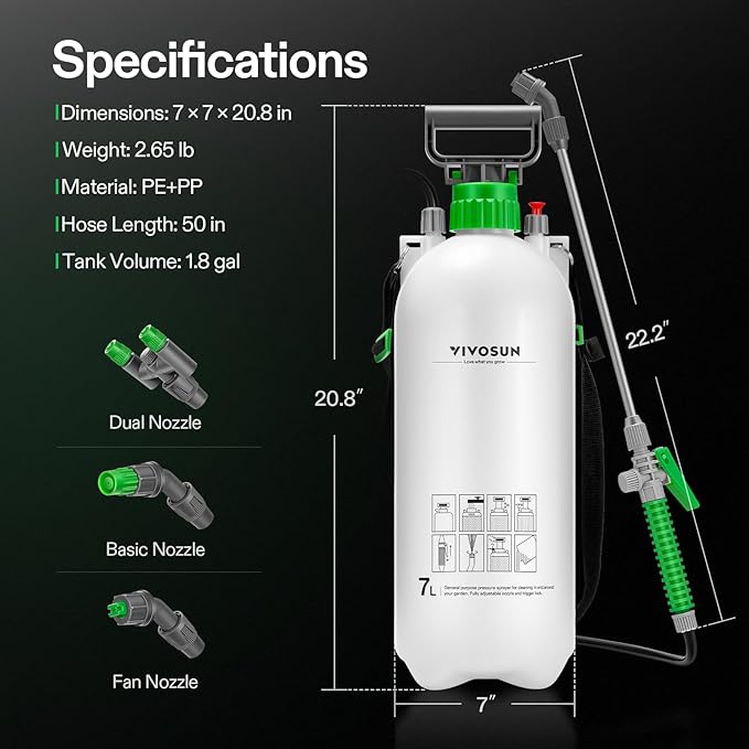 VIVOSUN Pump Sprayer 1.8 Gallon, Portable Water Spray Bottle in Lawn and Garden Yard, Weed Sprayer for Plants with 3 Nozzles, Adjustable Shoulder Strap, Pressure Relief Valve
