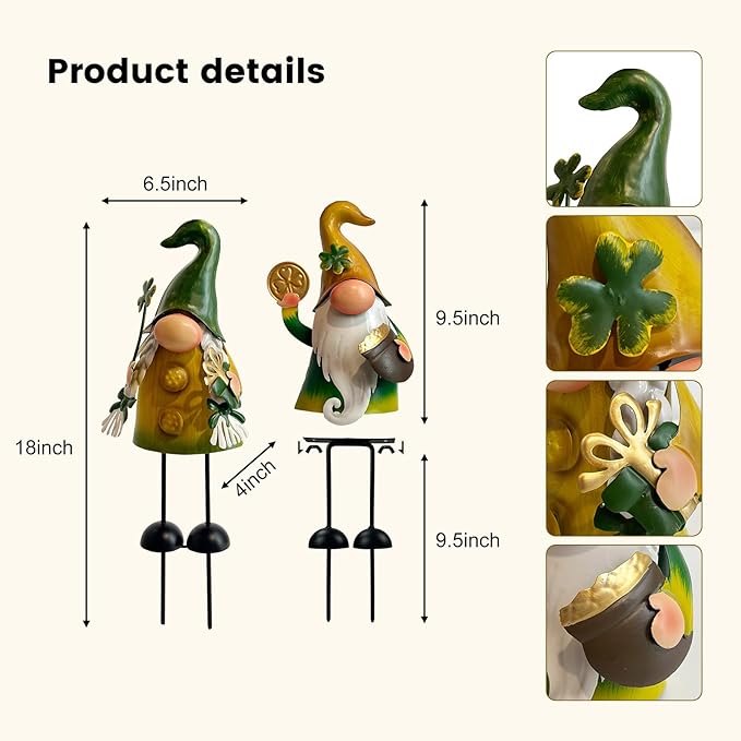 HONGLAND St.Patricks Day Decorations Outdoor Green Gnomes, Metal Gnomes Figurine Irish Leprechaun St Patricks Day Decor, Luck Shamrock Gnome for Home Outside Garden Lawn Party Yard Patio (18 INCH)