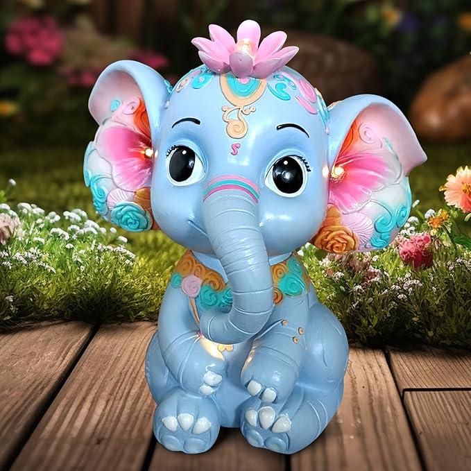 Solar Garden Outdoor Statue Elephant with 4 LED Lights,Lawn Decor Statue for Patio, Balcony,Yard Ornament,Ideal Gift for Christmas,Women,Mom,Grandma,Birthday or Unique Housewarming