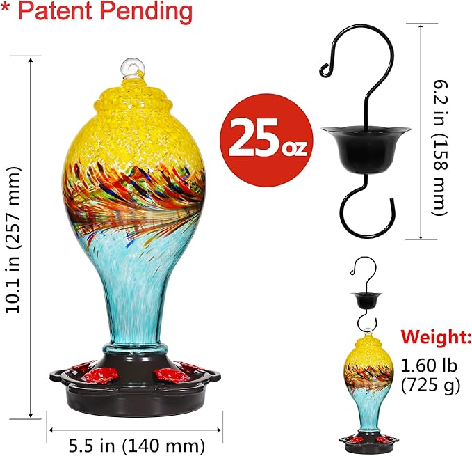 LUJII Hand Blown Glass Hummingbird Feeder for Outdoors with Ant Moat, Leak Proof & Rustproof, 25 fl.oz, Metal Base Cover with 5 Feeding Ports & Perches, Glass Art for Garden Decor (Blue Mixed Yellow)