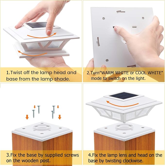 SIEDiNLAR Solar Post Lights Outdoor 2 Modes LED Fence Deck Cap Light for 4x4 5x5 6x6 Posts Garden Patio Decoration Warm White/Cool White Lighting White (6 Pack)