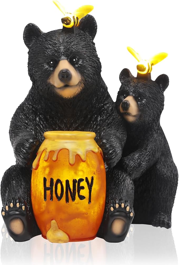 Solar Garden Decor Statues 7" Resin Mother&Cub Bear Figurines with Honey Jar Waterproof Black Bear Decor for Outside Yard Patio Porch Decoration Gift for Mom Grandma