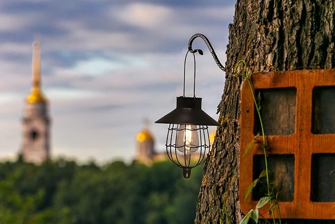 YAKii 12 Pack Solar Lantern Hanging Waterproof Outdoor Metal Solar Lamp with Warm White Light Decorate for Yard Garden Pathway Patio Porch Decor (Black)