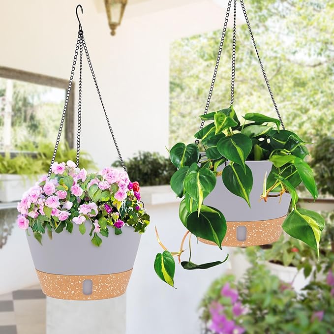 QCQHDU 2 Pack 8 inch Hanging Planters for Indoor Plants, Outdoor Hanging Baskets, Self Watering Pots with Drainage Holes & Removable Tray (Light Grey, 8 inch)
