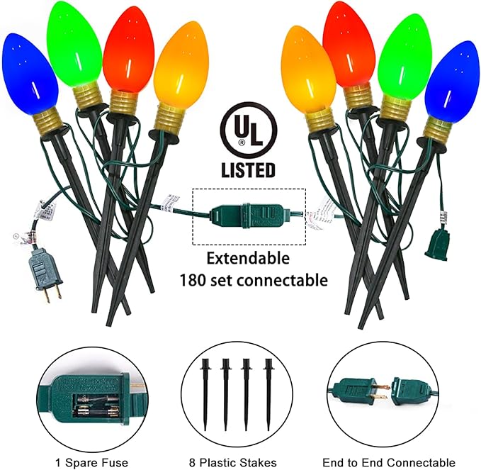Jumbo C9 Christmas Pathway Lights Outdoor, 2Pk Total 14Ft Outdoor Christmas Decorations with 8 LED Jumbo C9 Multicolor Light Bulbs Christmas Walkway Lights for Lawn Holiday Yard Garden Sidewalk Decor