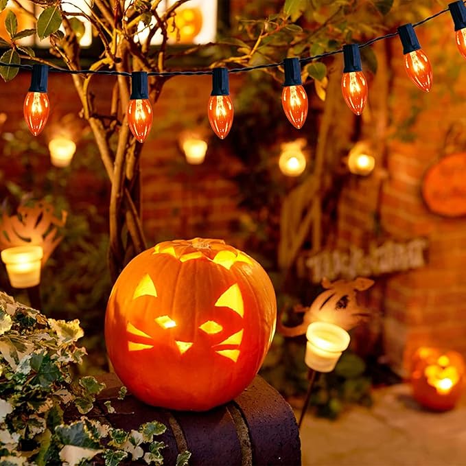 C9 Clear Orange String Light, 25Ft Outdoor Halloween Light String with 25 Clear Edison Bulbs, C9 Vintage Glass Hanging Lights for Patio Halloween Party Holiday Decor, C9/E17 Base, Black Wire
