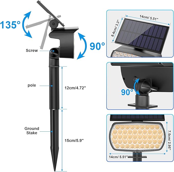 108 LED Solar Spot Lights Outdoor, Solar Lights Outdoor IP65 Waterproof, 3 Modes Solar Landscape Spotlights, Large Solar Panel Solar Powered Lights for Garden Yard Pathway(Warm White/6 Pack)
