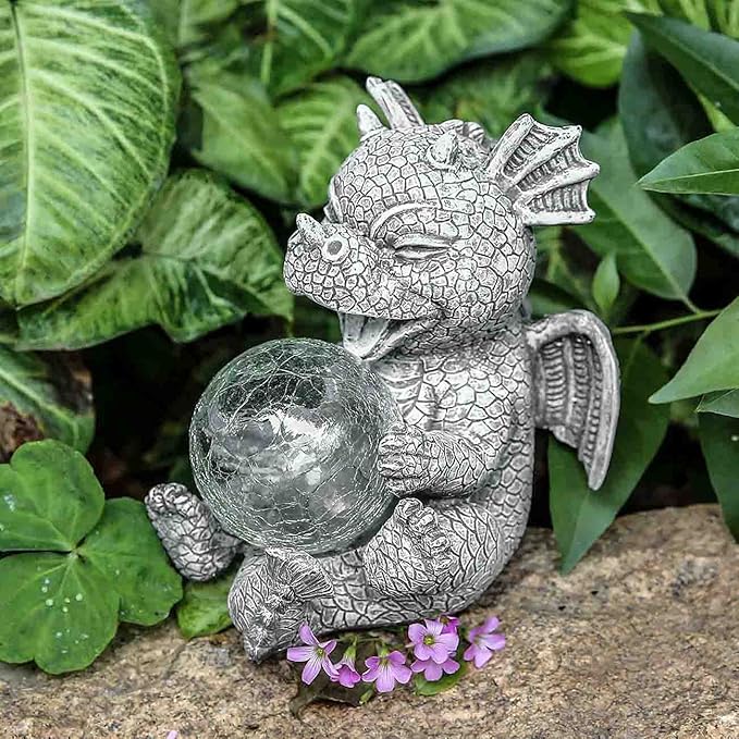 Solar Dragon Outdoor Statue Cute Baby Dragon Holding Glowing Glass Orb Resin Garden Decoration for Porch Patio Lawn Yard Perfect Housewarming Gift