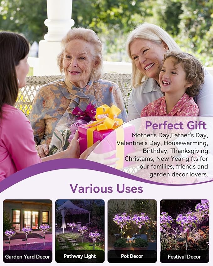 Neporal Solar Flowers Outdoor Waterproof IP65, 7-Stems Purple Carnation Solar Lights Outdoor Garden Decorative, Bigger Panel for Outdoor Garden, Yard, Patio, Outdoor Decoration, 6PK