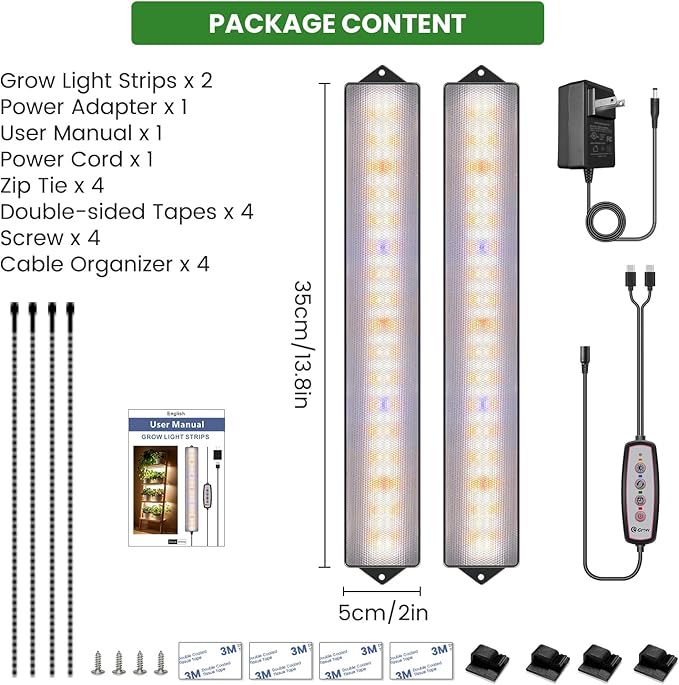 Wolezek Grow Lights for Indoor Plants, 210 LEDs Full Spectrum Plant Grow Light Strips with Upgared 4/8/12/16H Auto Timer, 13.8 Inches Bright Grow Lamp Bar for Plant Shelves and Cabinet, 2 Pack