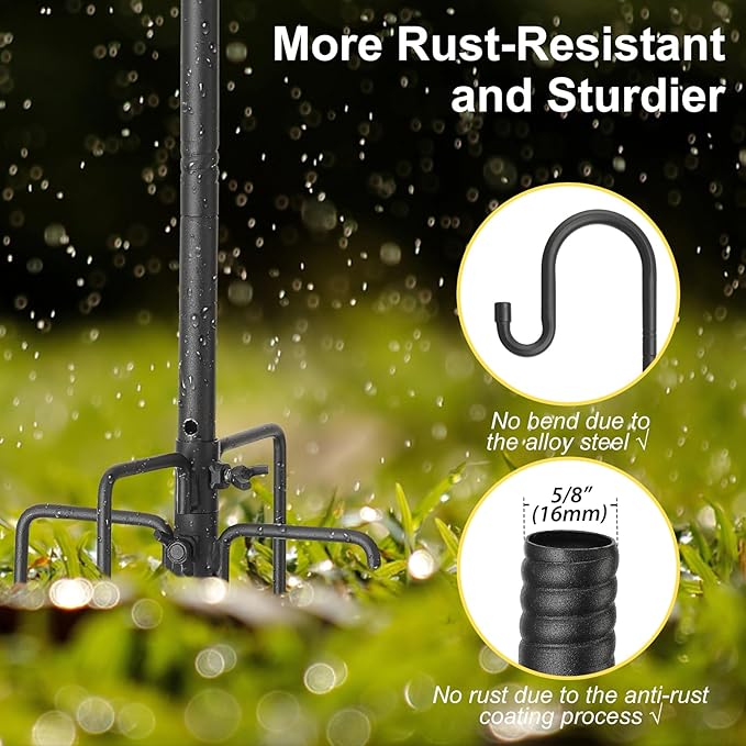 Decorative Shepherd Hooks for Garden, 94 Inch Weather-Resistant Steel – 5 Fork Base Design for Hanging Flower Baskets, Wind Chimes, String Lights – Elegant Scroll Top – Black