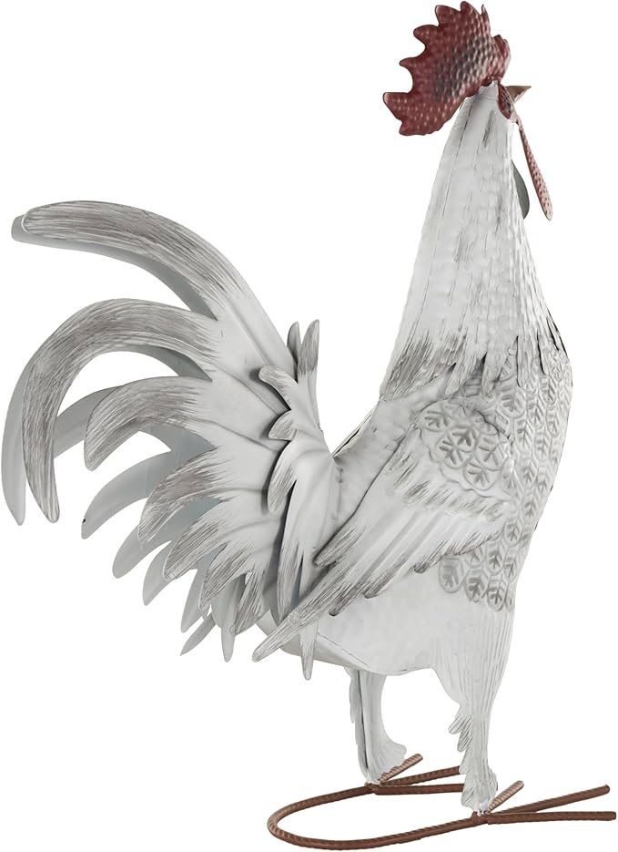 Deco 79 Metal Rooster Decorative Garden Sculpture Garden Statue with Black Texturing and Red Accents, Outdoor Sculpture 15" x 6" x 18", White