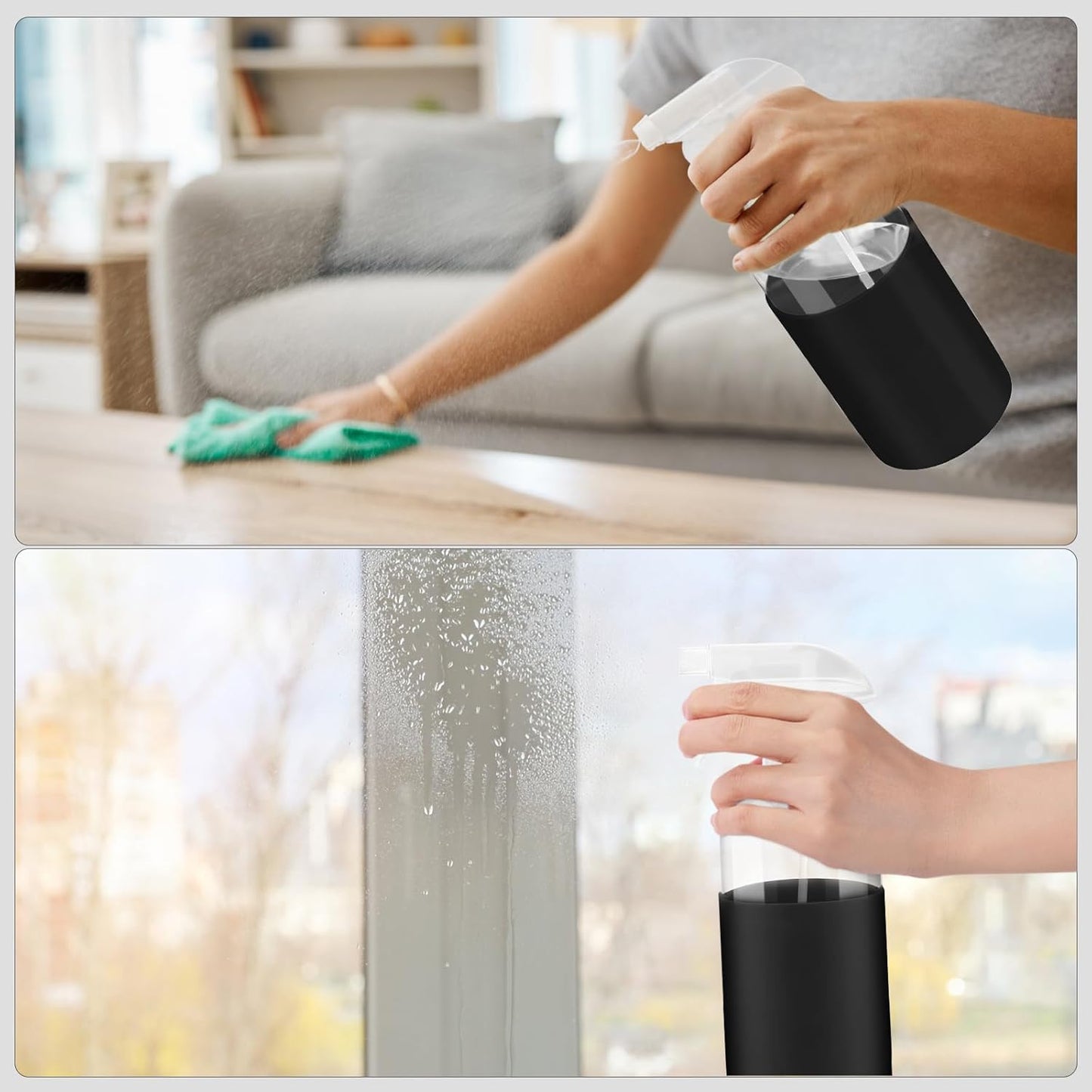 2 Pack Glass Spray Bottles with Silicone Sleeve, 16 oz Empty Refillable Containers with Adjustable Spray Nozzles, Spray Bottles for Hair, Cleaning Solutions and Plants Black&White